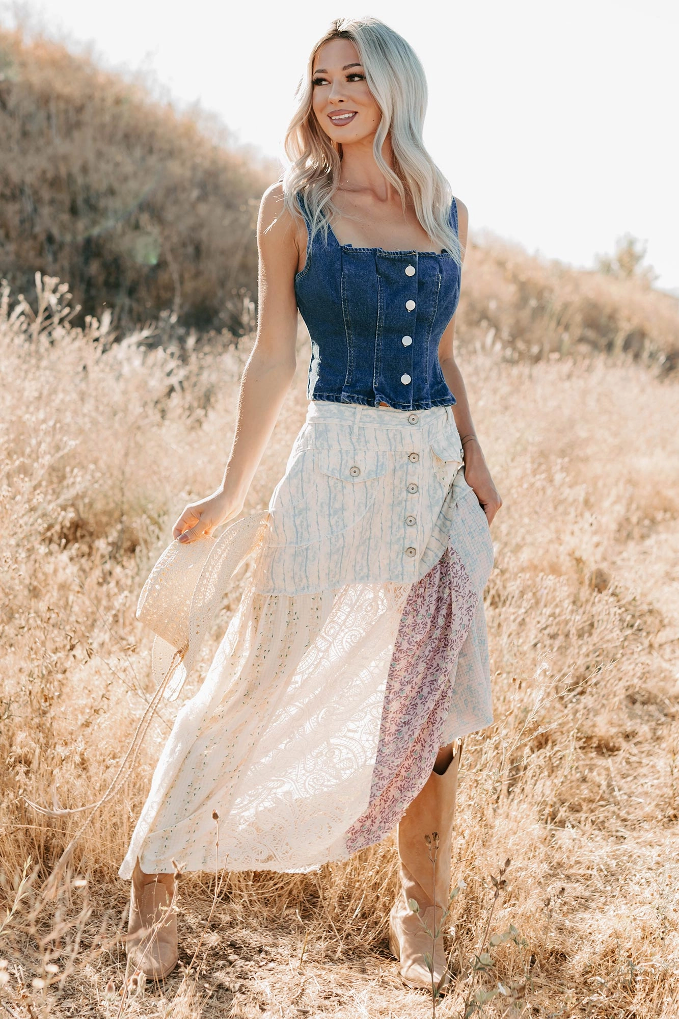 SoftTouchFinish Modern Style Moonlit Path Patchwork Maxi POL Skirt (Blue/Multi)