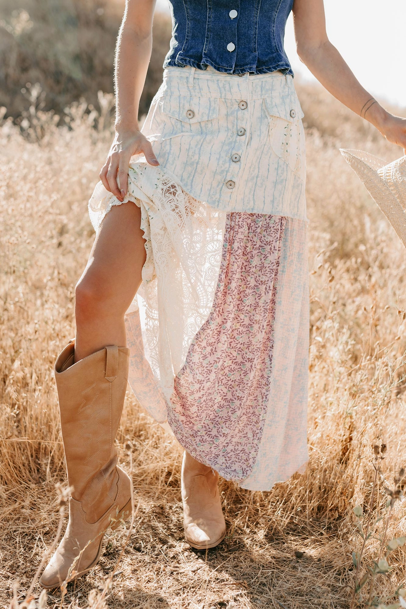 Moonlit Path Patchwork Maxi POL Skirt (Blue/Multi) Comfort Layer