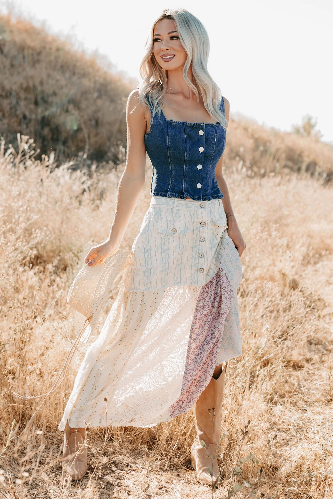 Moonlit Path Patchwork Maxi POL Skirt (Blue/Multi) Jewel Tones