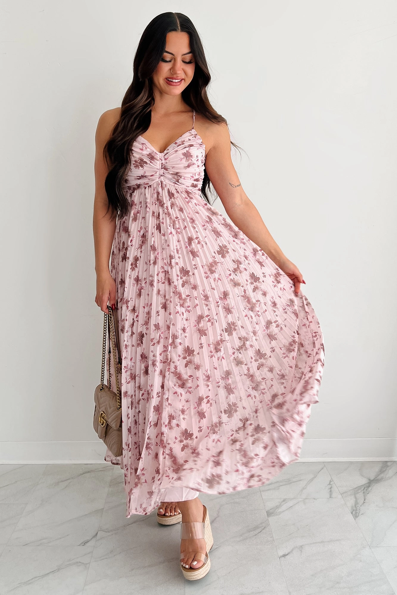 Morning Muse Pleated Floral Maxi Dress (Burgundy) Drapey Fabric Flattering Shape Design
