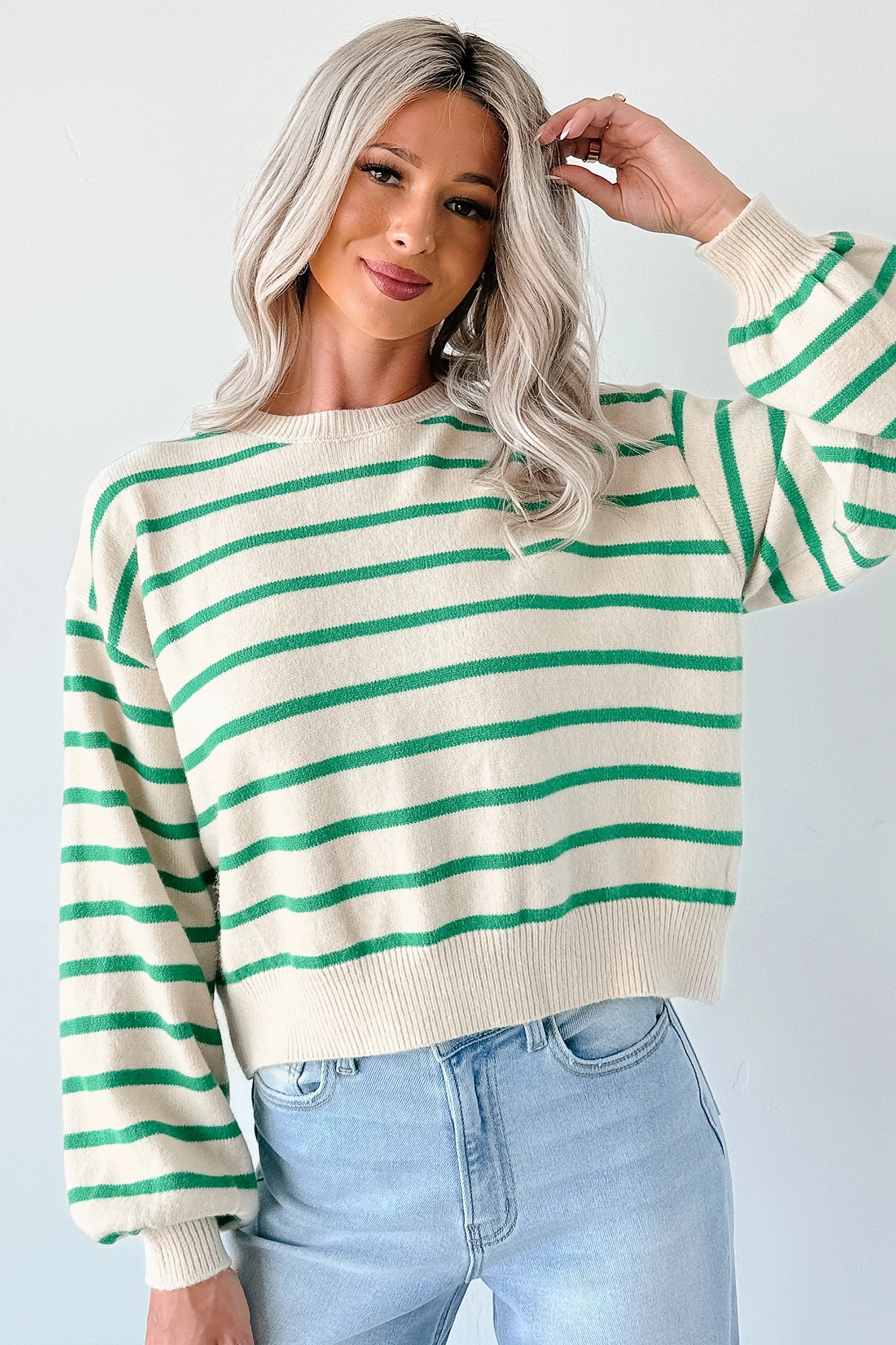 DurableReinforcement Breathable Underarm Gussets Morning Rituals Striped Button Detail Sweater (Green)