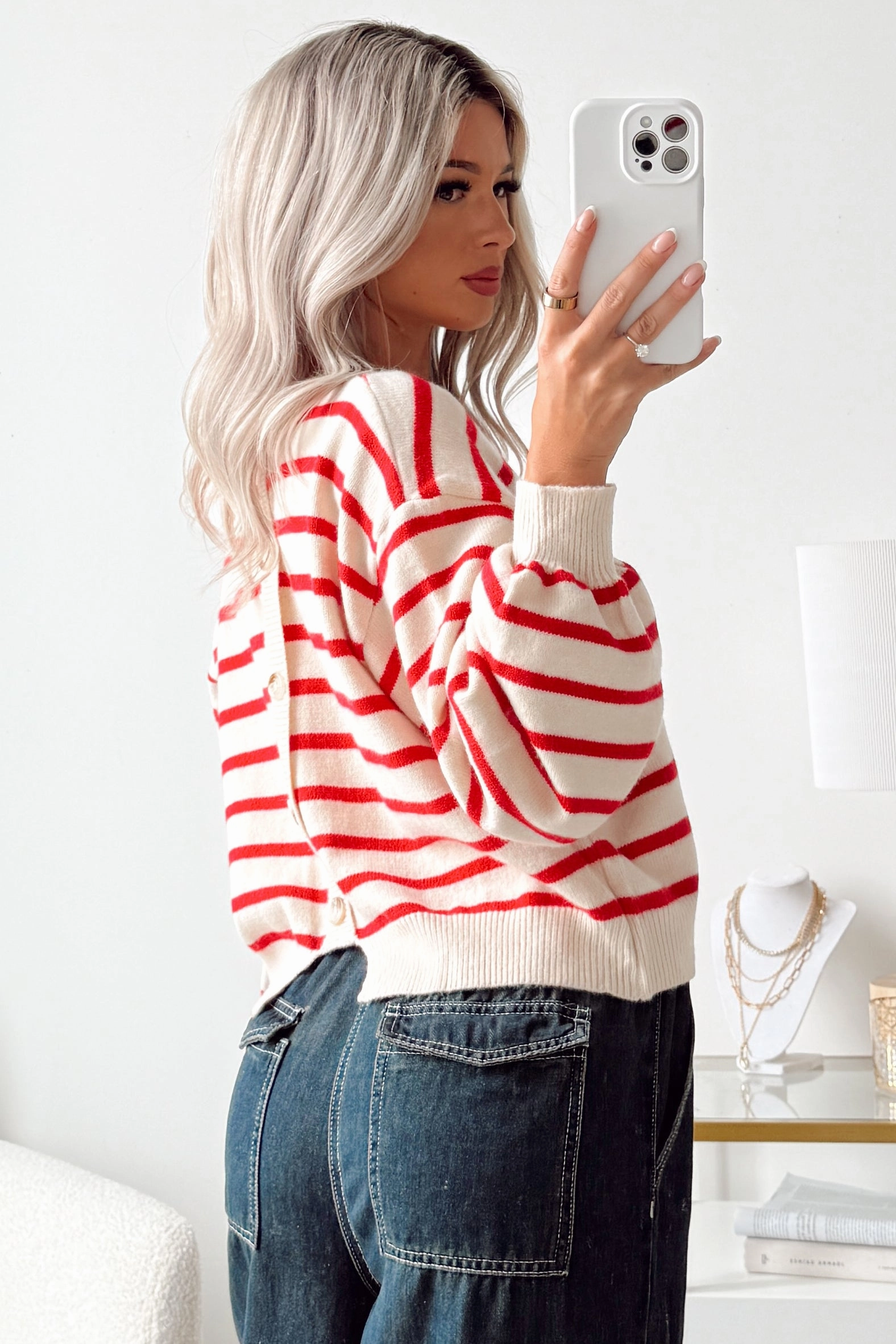 DoubleStitchedHem Friction Resistant Shoulder Morning Rituals Striped Button Detail Sweater (Red)