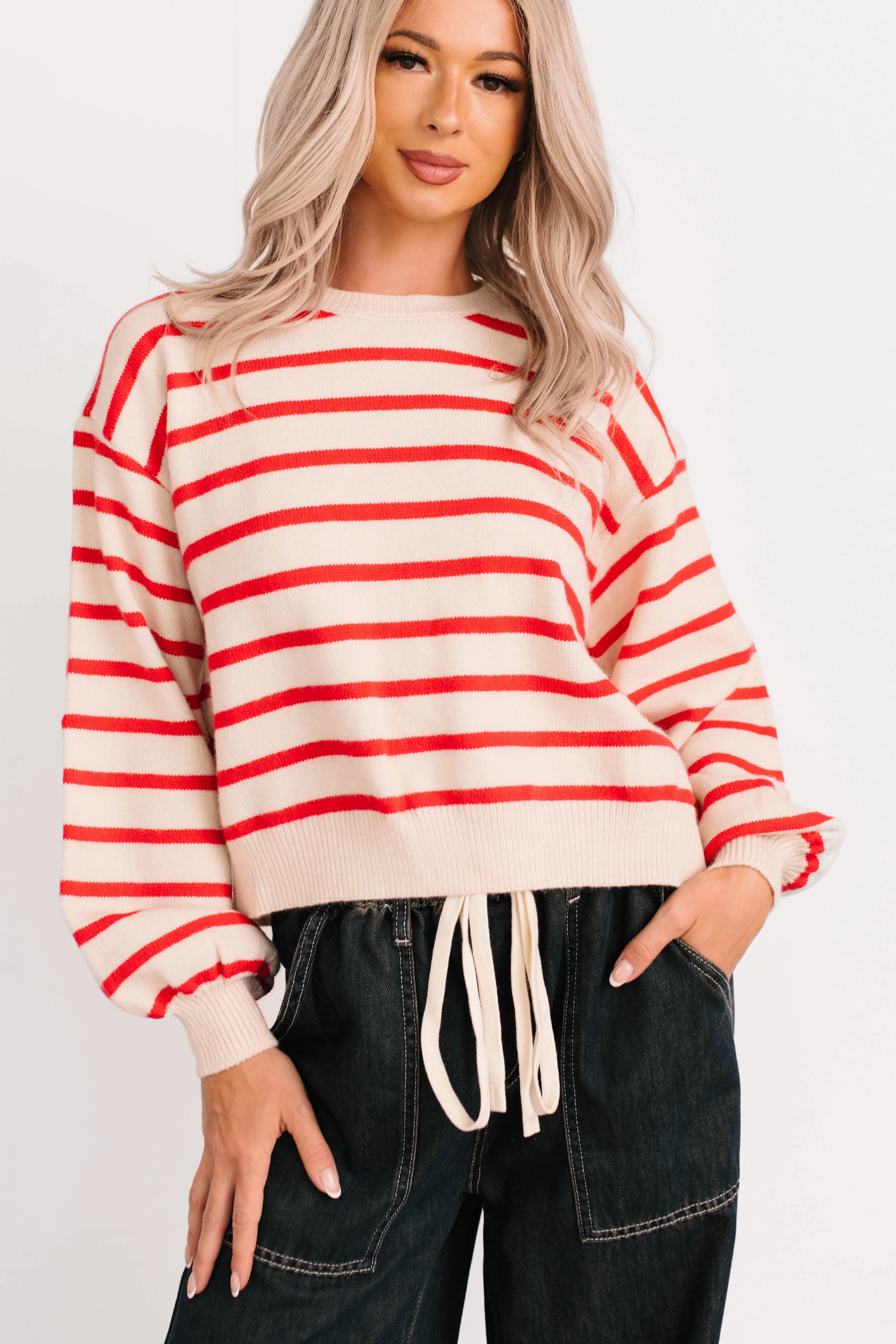 Eco Conscious Dye Process Warm Fabric Morning Rituals Striped Button Detail Sweater (Red)