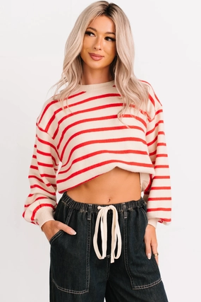 Morning Rituals Striped Button Detail Sweater (Red) NonIrritating Seams