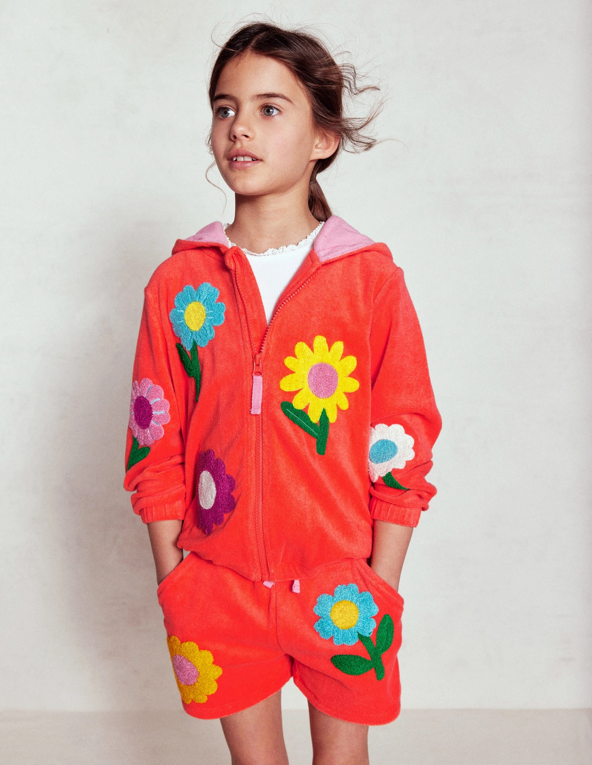 Zip-Through Towelling Hoodie-Coral Orange Flowers NonScratchSurface HeatSealed Seams