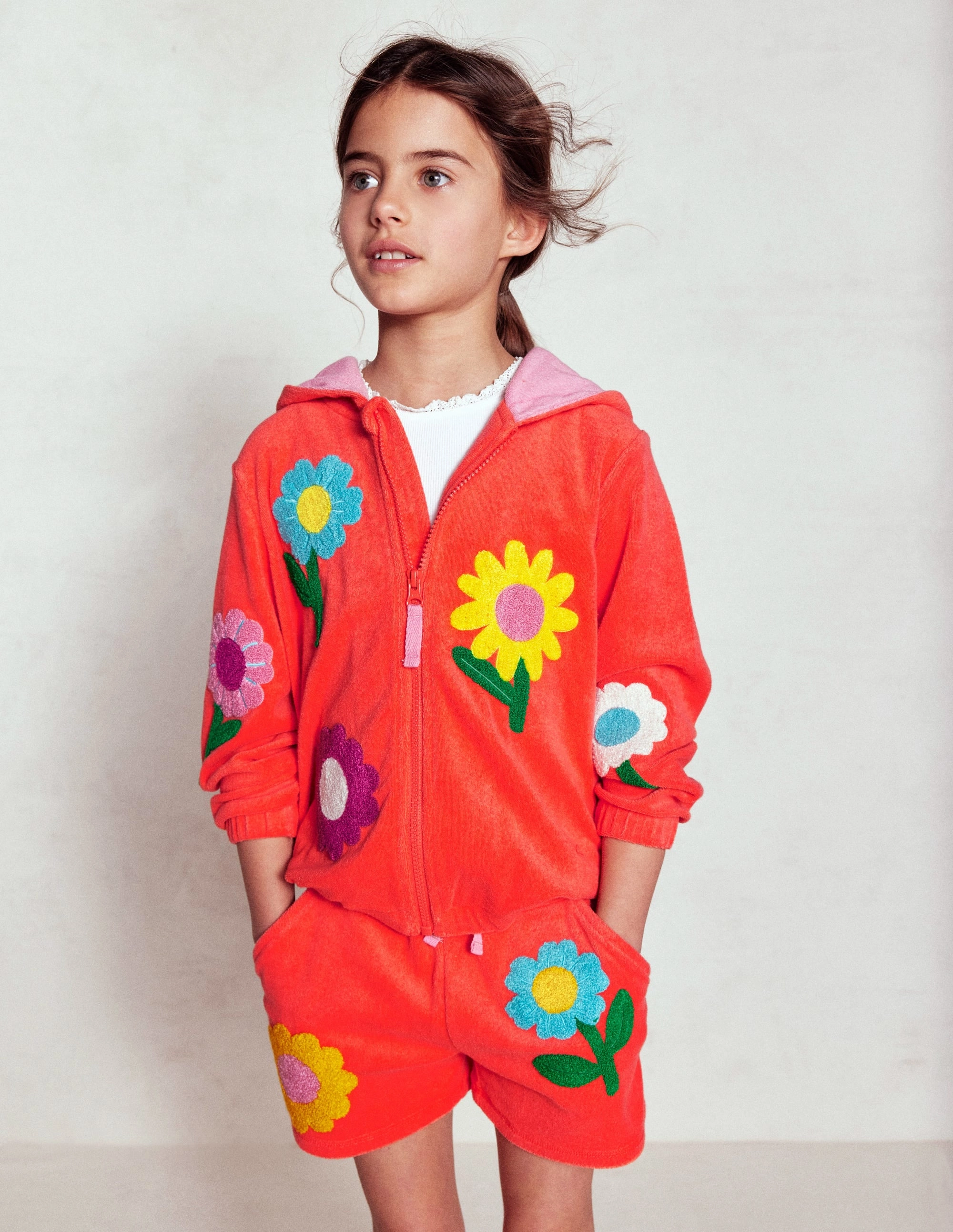 Double Needle Hemming Zip-Through Towelling Hoodie-Coral Orange Flowers