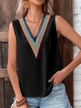 MULTICOLOR LACE V NECK SLEEVELESS BLOUSE BondedShoulderTaping TwoToneEffect