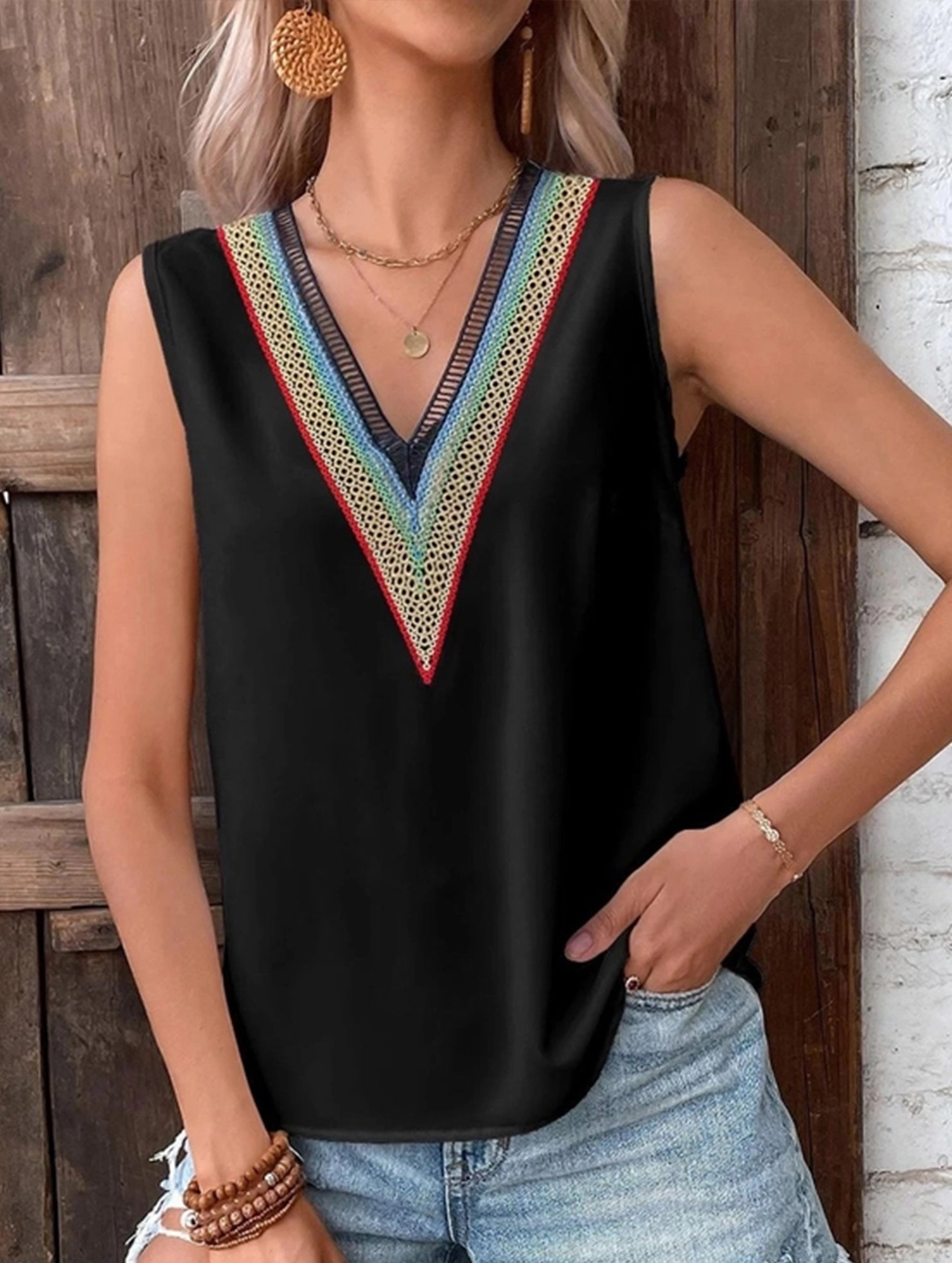 MULTICOLOR LACE V NECK SLEEVELESS BLOUSE Eco Friendly Dye ButterSoft Handfeel