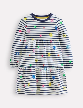 Tiered Sweatshirt Dress-Navy/ Ivory Stripe Refined Form Daily Form