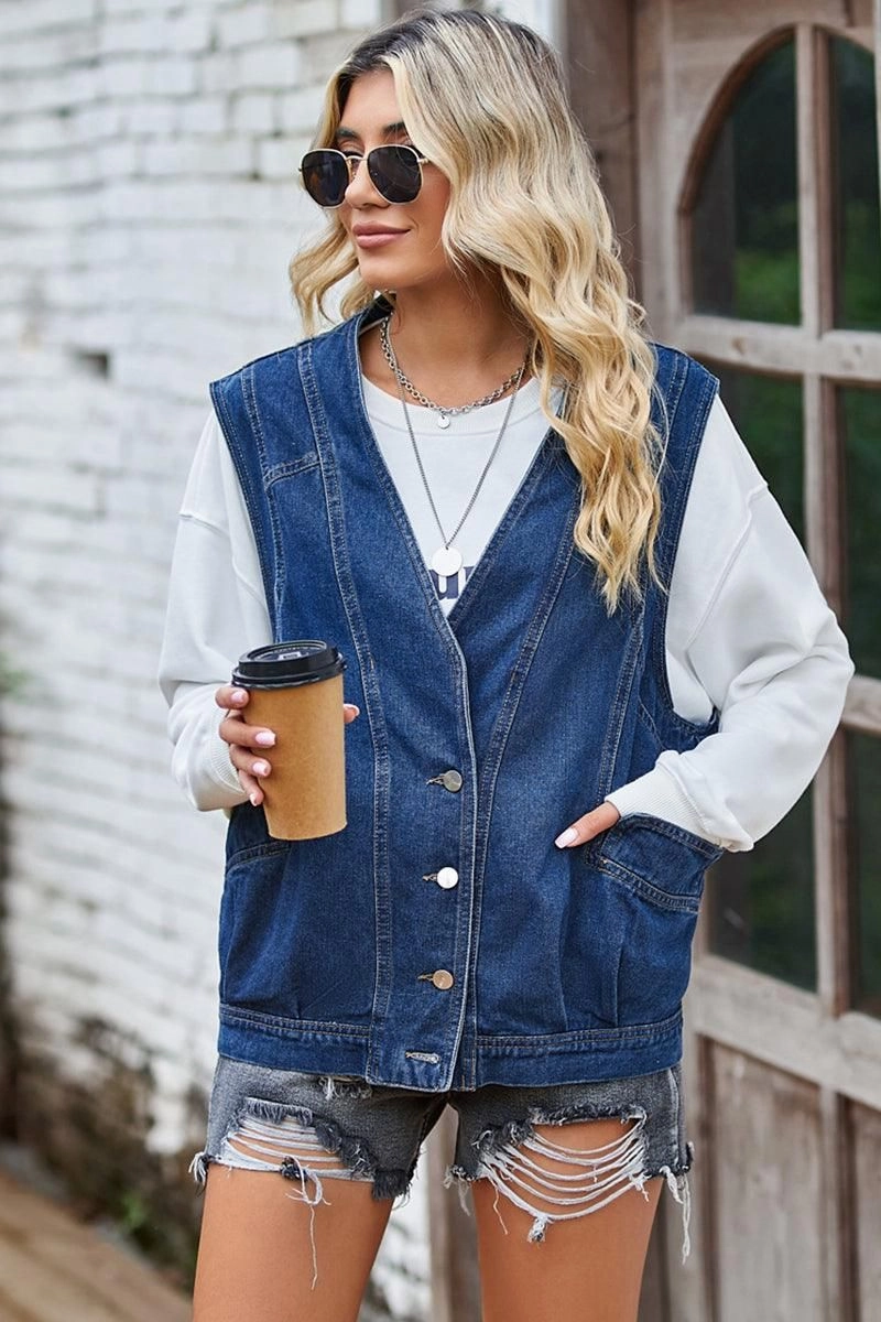 BUTTON CLOSURE LOOSE FIT DENIM VEST Friction Resistant Edges Flexible Shoulder Gusset