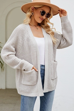 Anti Slip Shoulder Padding WOMEN RIBBED KNIT CARDIGAN WITH POCKETS