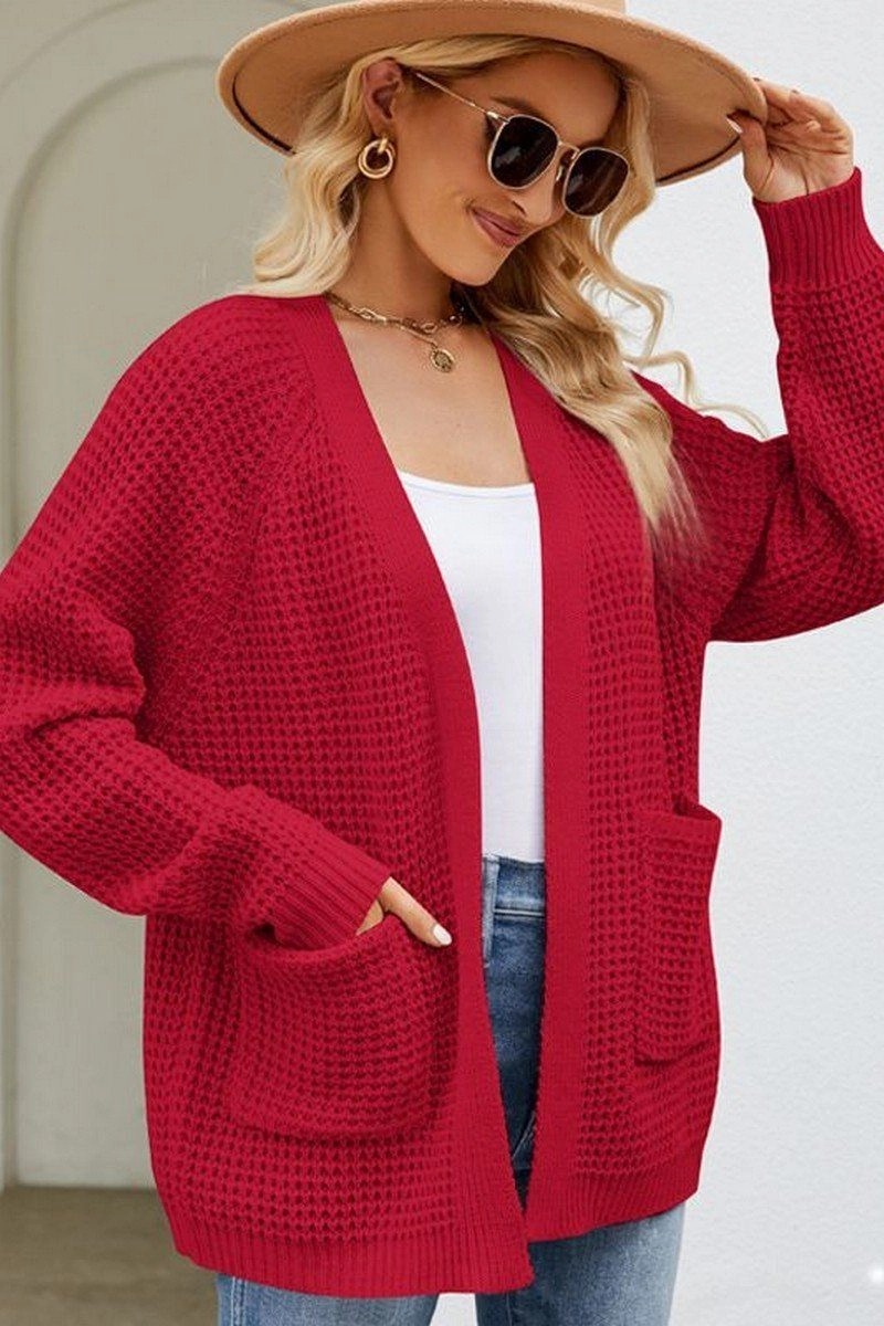 High Collar Protection Design Minimalist Design WOMEN RIBBED KNIT CARDIGAN WITH POCKETS
