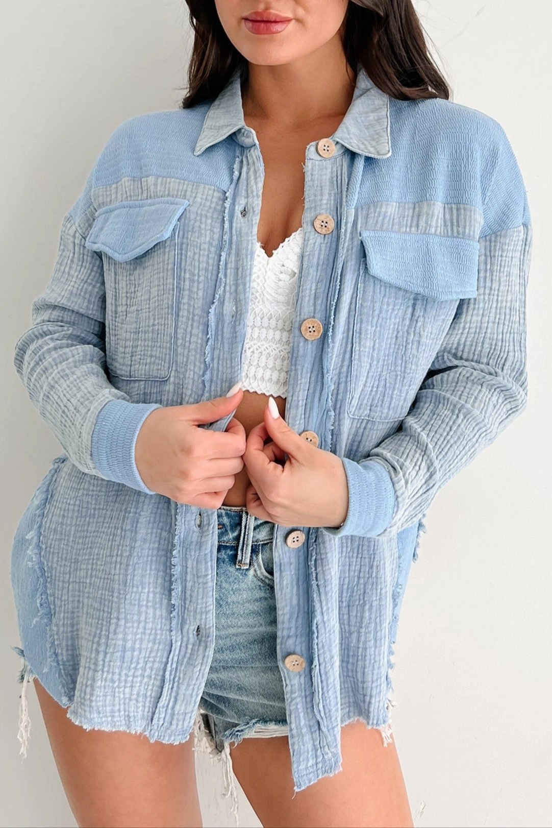 Easy Style DoubleLayeredFabric Winning Big Oversized Gauze Shacket (Denim)