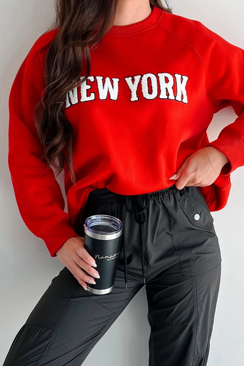The City That Never Sleeps "New York" Raglan Sweatshirt (Red) AllDay Comfort Garment Washed Finish
