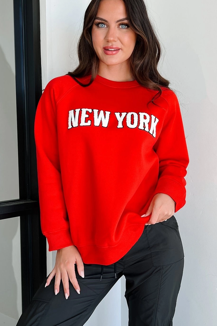 Linen Blend Fabric The City That Never Sleeps "New York" Raglan Sweatshirt (Red)