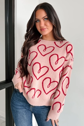 Moisture Management My One True Love Heart Print Sweater (Blush/Red)
