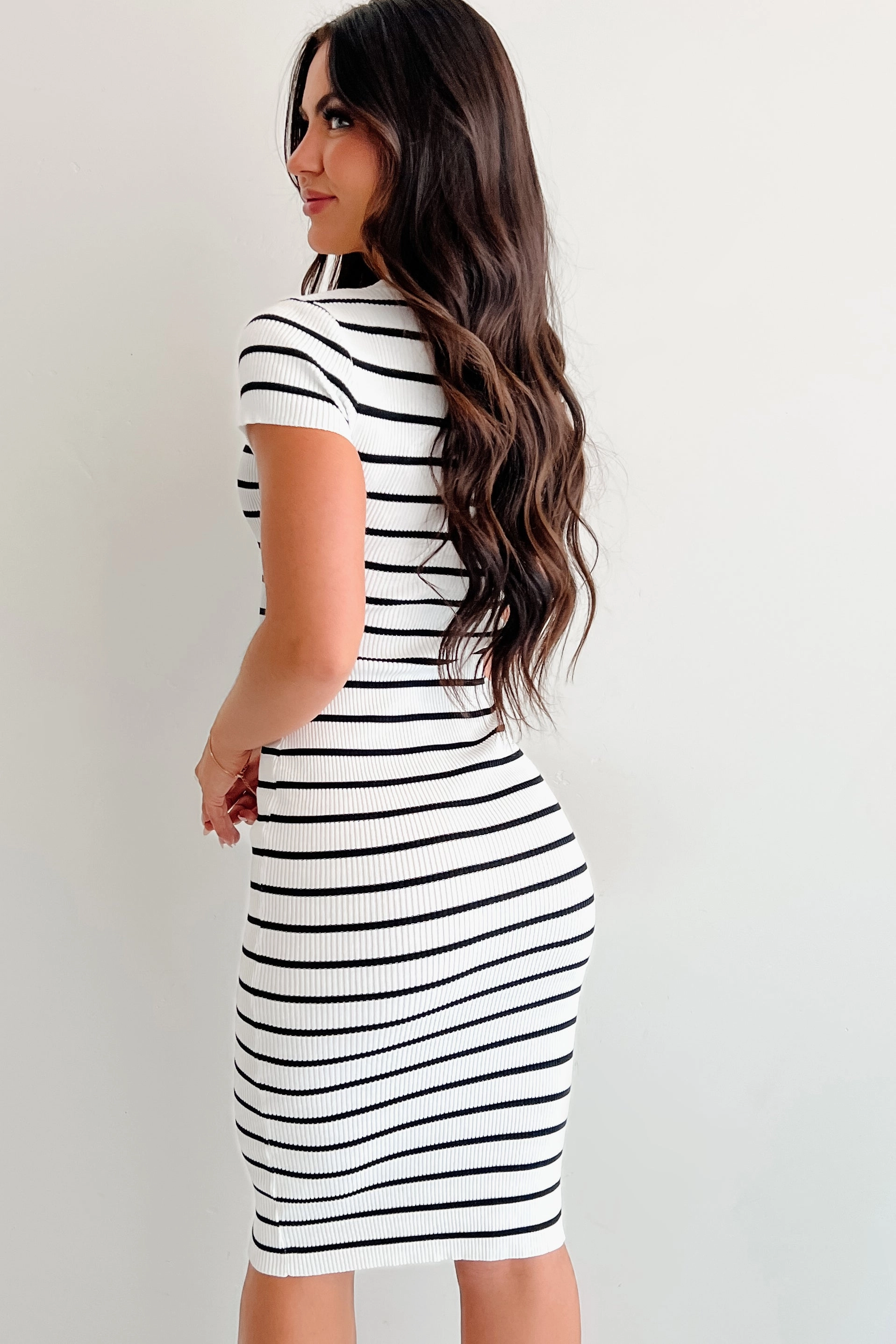 Minimal Detail The Real Thing Striped Bodycon Midi Dress (White)
