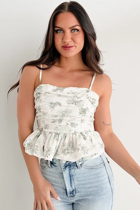 Nature's Palette Ruched Floral Peplum Tank (Sage) Soft Inner Lining Sporty T-shirt