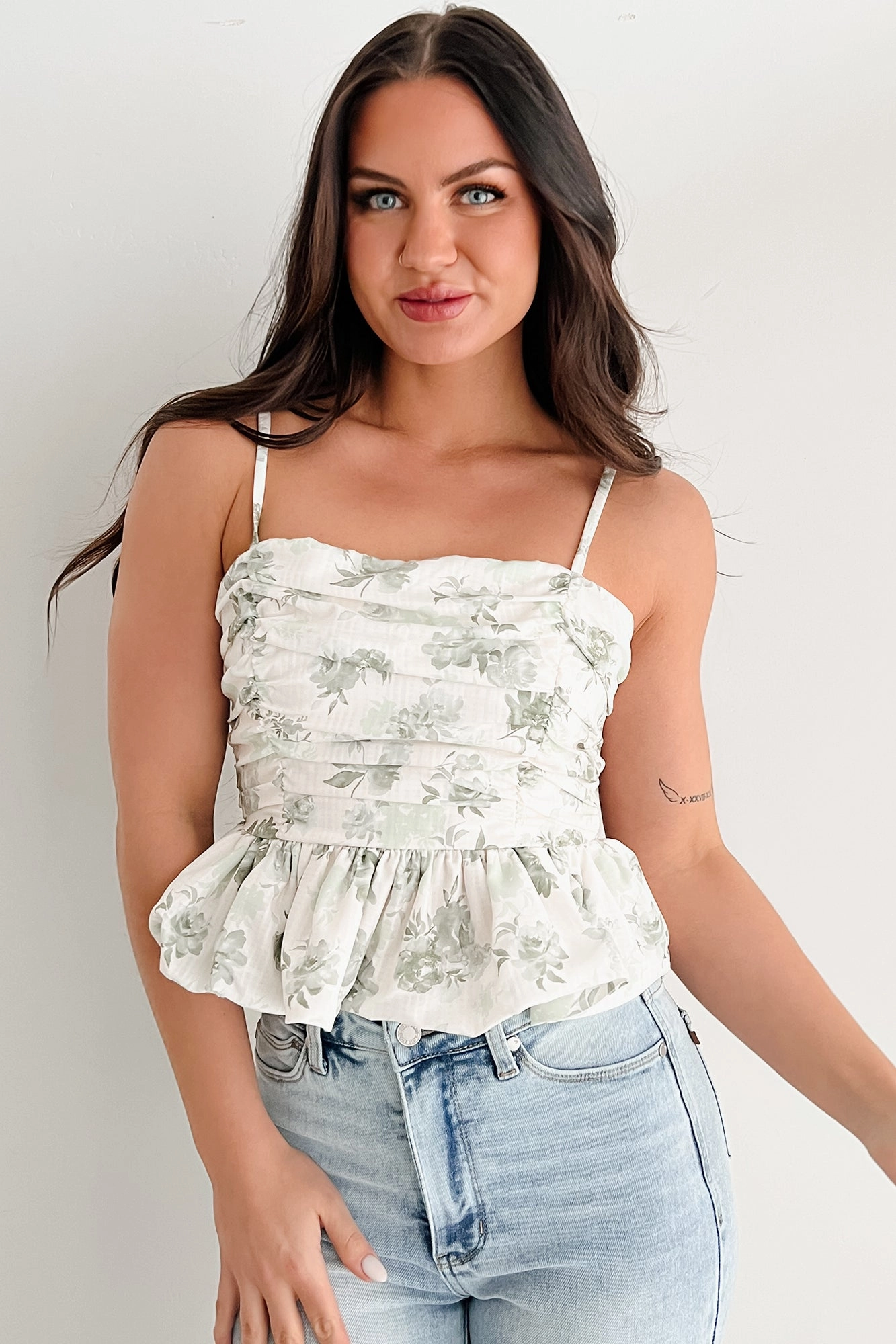 Nature's Palette Ruched Floral Peplum Tank (Sage) Retro design NonChafingTrim