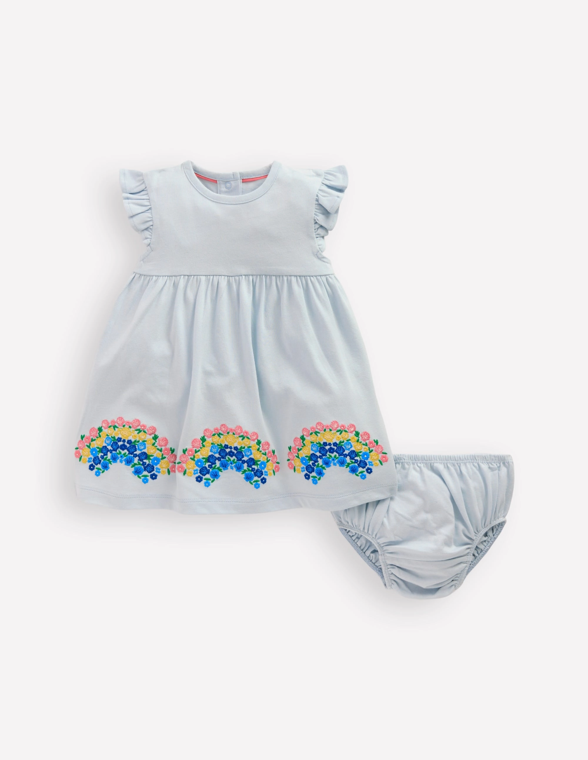 Logo Jersey Frill Sleeve Dress-Blue Rainbow Elegant Detail One-Shoulder