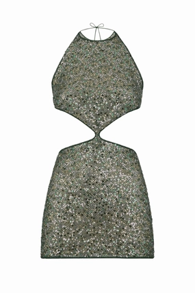 Netquins Cut Out Dress Metallic Green Tiered-Skirt Breathable-Lining