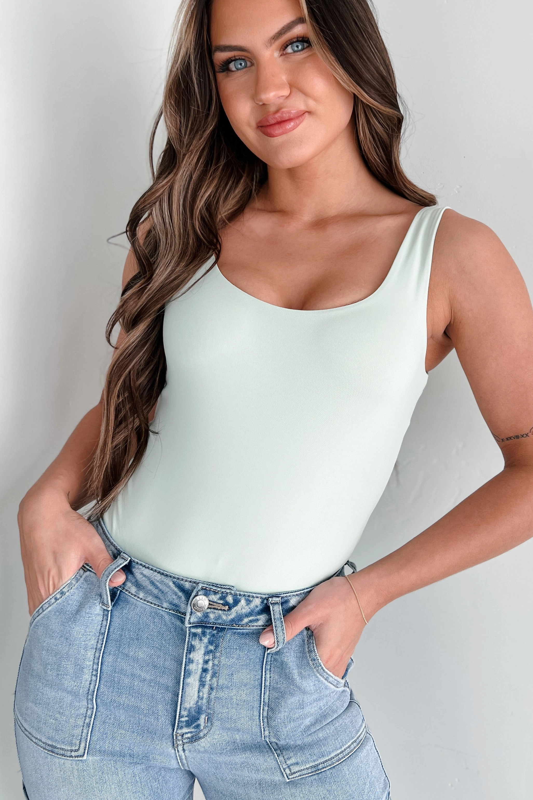 New Hobbies Scoop Neck Tank Bodysuit (Sprout Green) Double Layered Hem Reinforcement