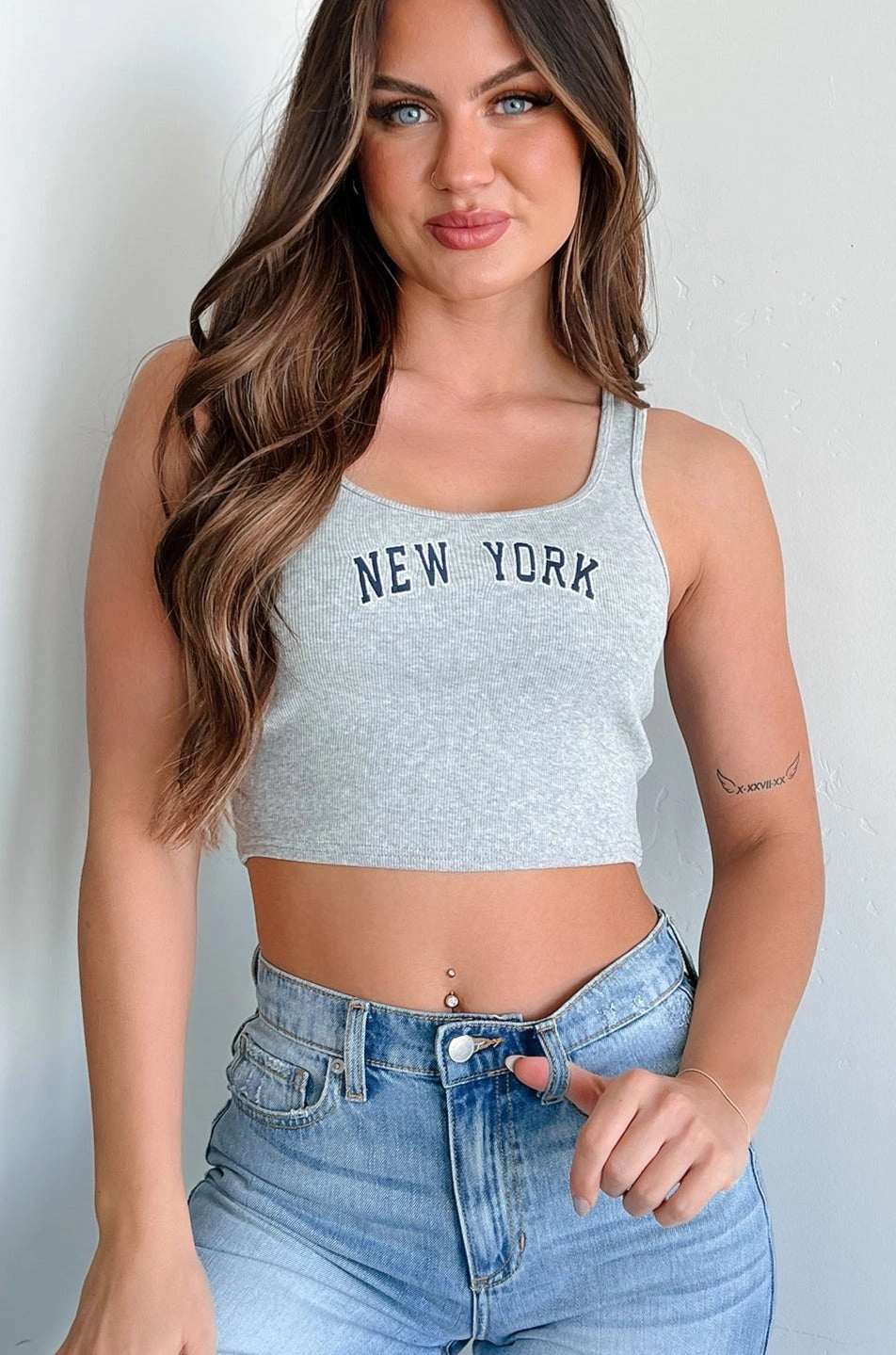 New York Dreamer Ribbed "New York" Crop Tank (Heather Grey) Ribbed Trim Details Stretch Fabric