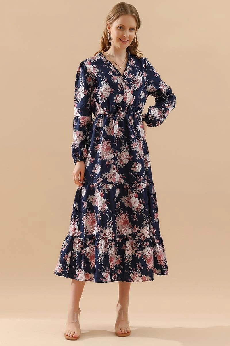 Timeless Shape Functional Layer FLORAL PATTERN LONG SLEEVE CASUAL DRESS