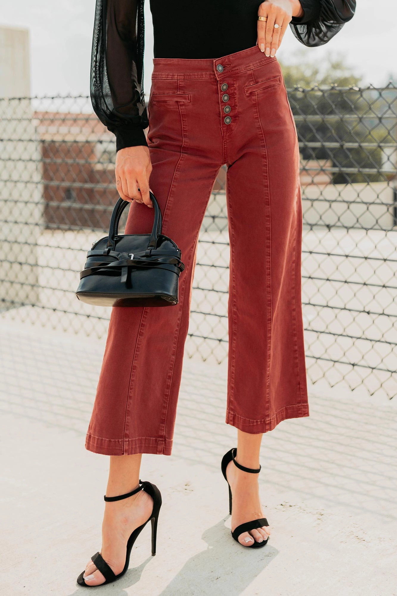 Frances Wide Leg Cropped Mica Denim Jeans (Dark Red) Bonded Seam Technology Comfy Essentials Wear