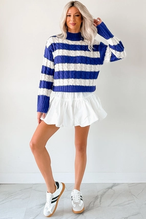 Restful Rhythm Cable Knit Striped Sweater (Royal) Non Irritating Seams Eco Friendly Dye