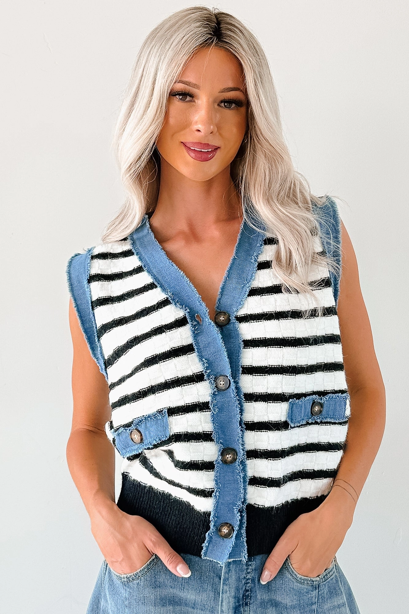 Born For Bold Striped Denim Trim Vest Top (Black/White) Stretch Comfort