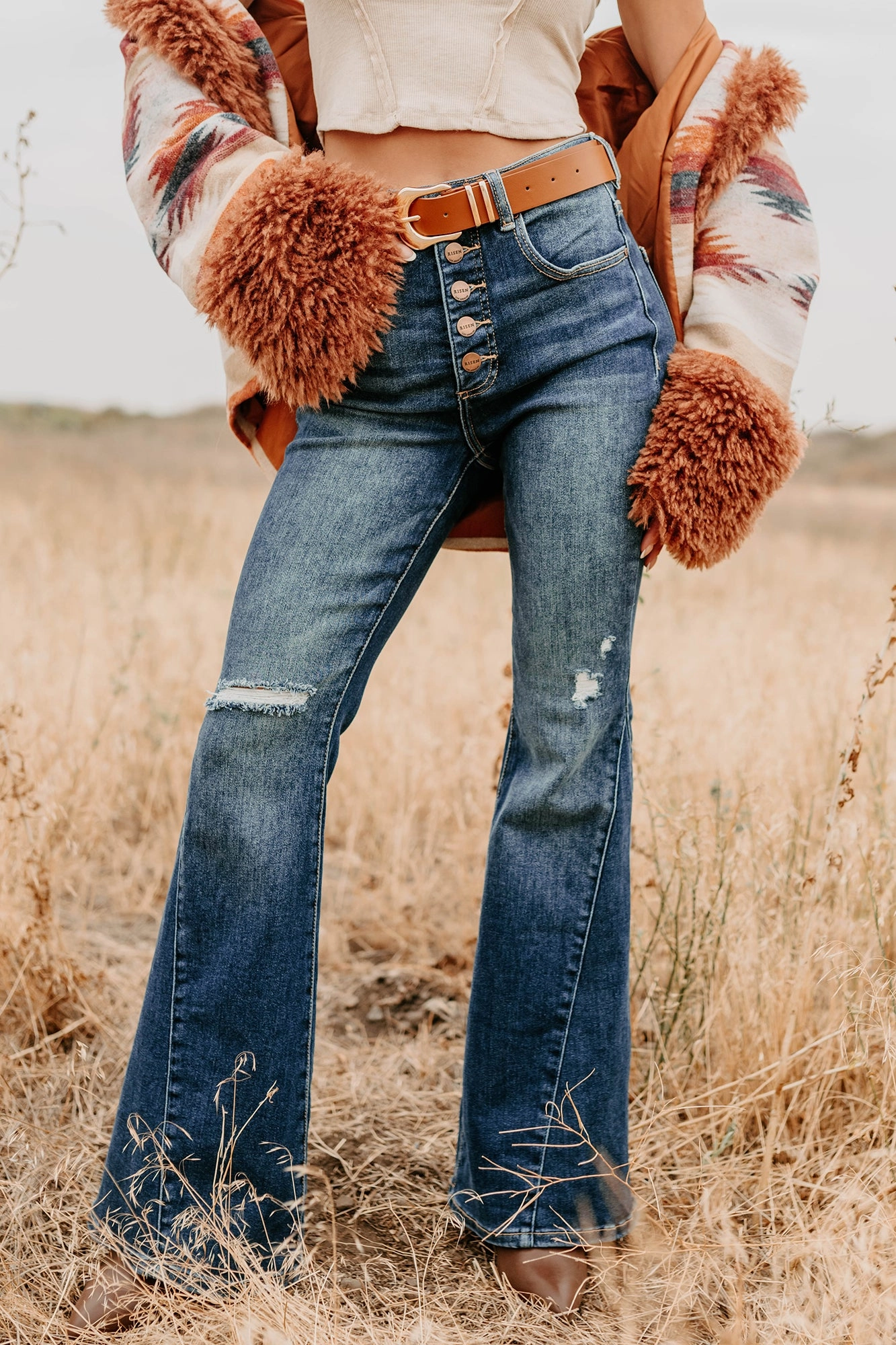 Valina High Rise Tummy Control Buttoned Flare Risen Jeans (Dark) QuickDryTechnology Simple Style