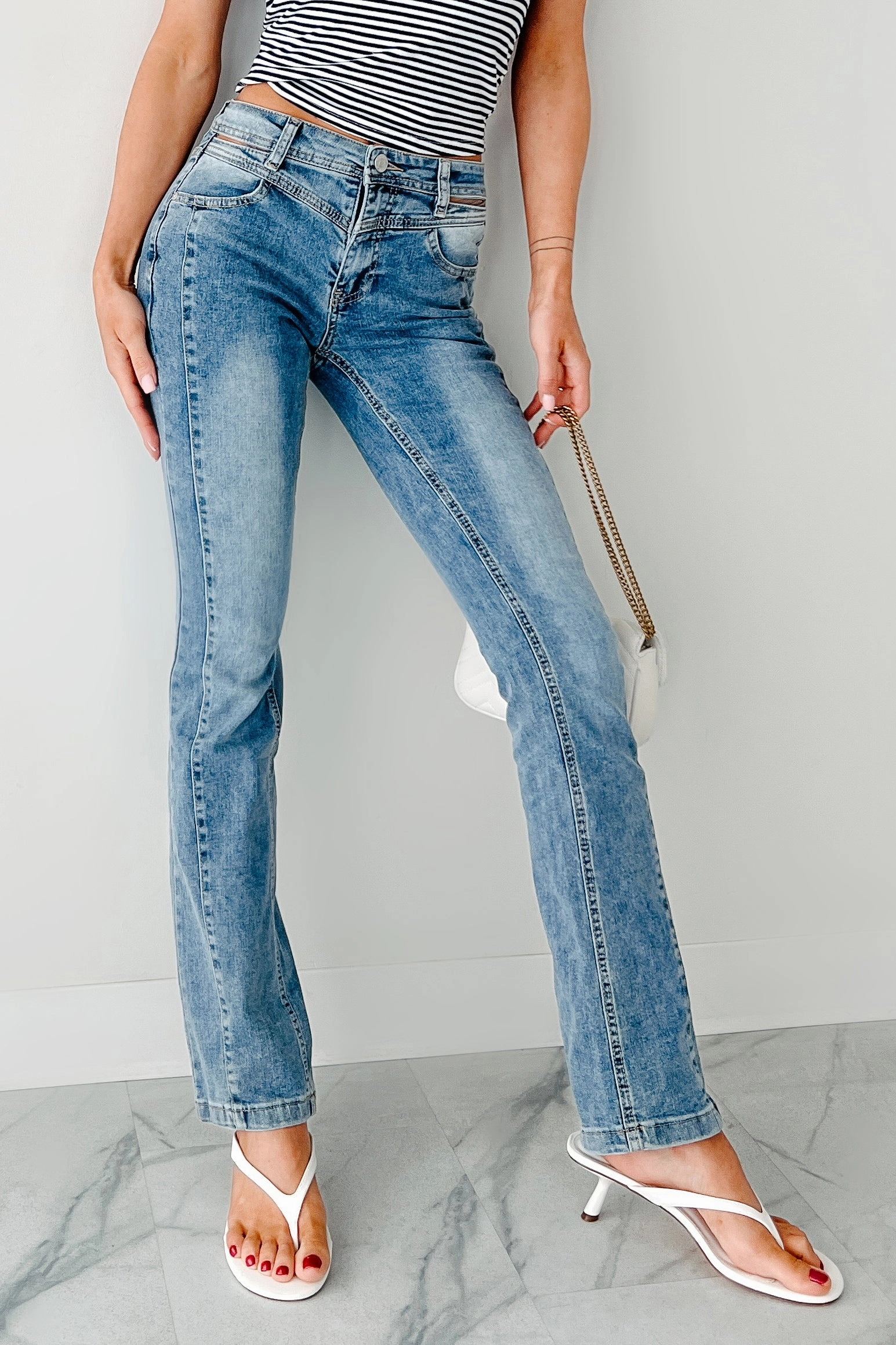 Convertible legs Crawford Almost Famous Cut-Out Waist Bootcut Jeans (Medium)