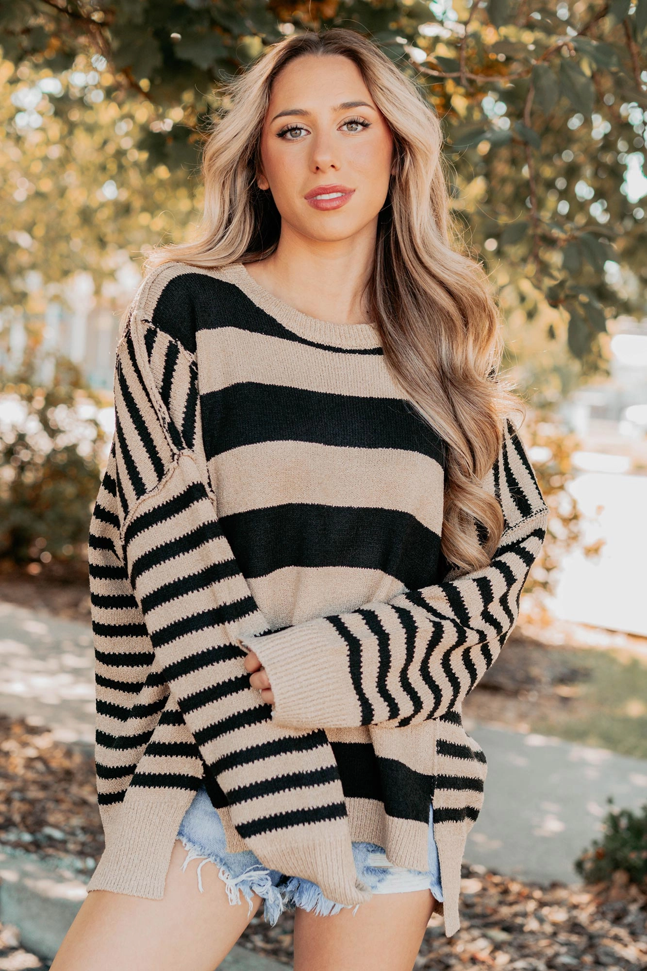 Recycled Fiber Blend Sun Protective Fabric Backseat Glam Long Sleeve Stripe Sweater (Sand Black)