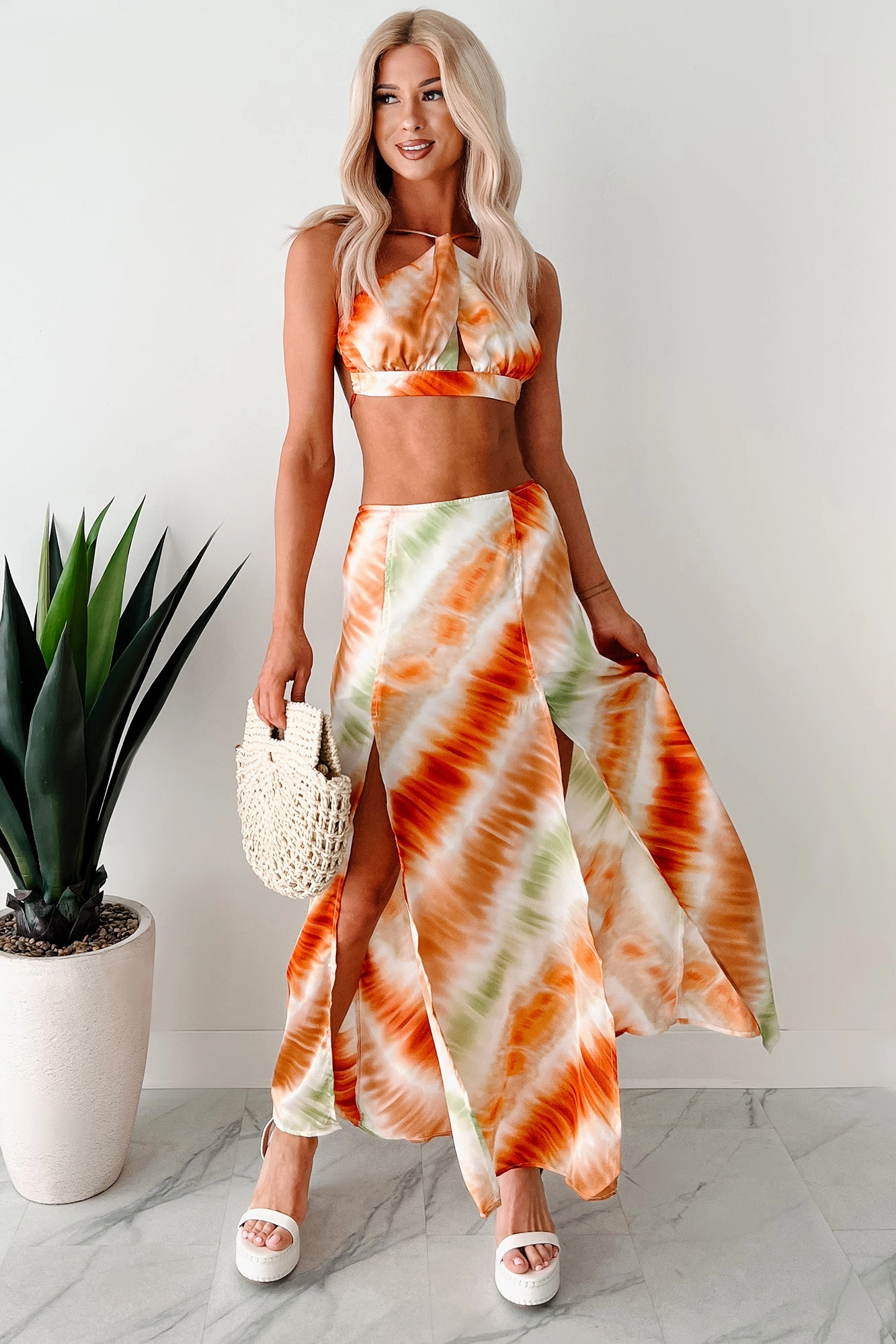 Tropical Tango Tie-Dye Two-Piece Skirt Set (Orange) Thermal Regulating Design
