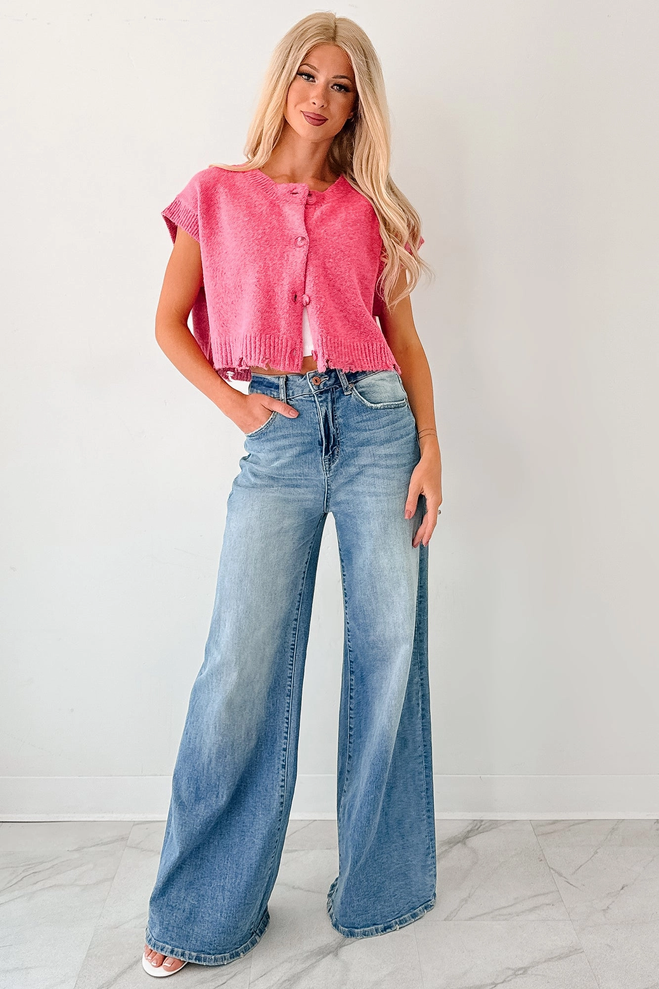 Undemanding Comfort Distressed Button-Up Sweater Vest (Pink) AntiSnag Fabric RibbedTrims