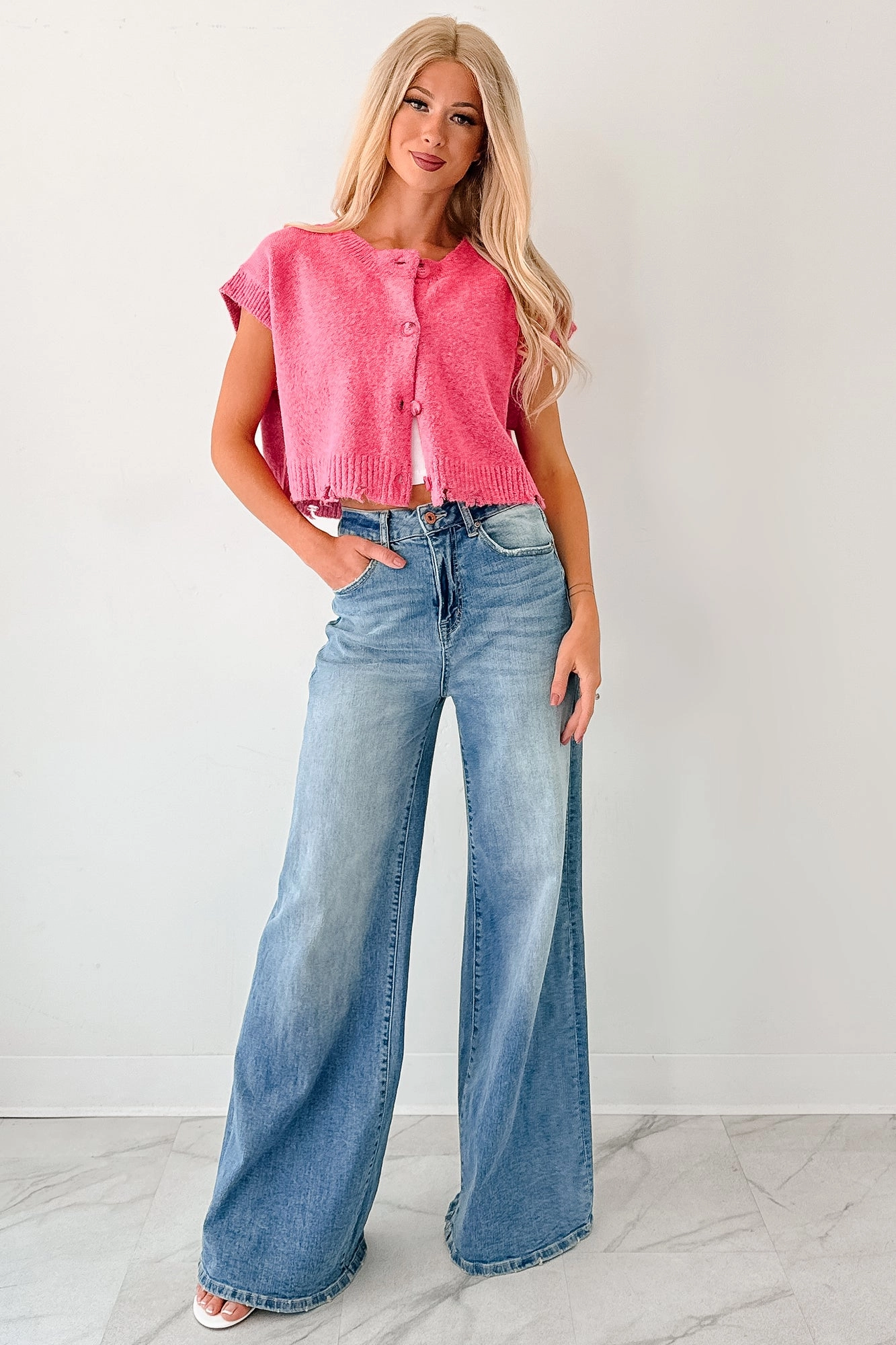 Reinforced Elbow Patches Durable Overlock Stitch Undemanding Comfort Distressed Button-Up Sweater Vest (Pink)