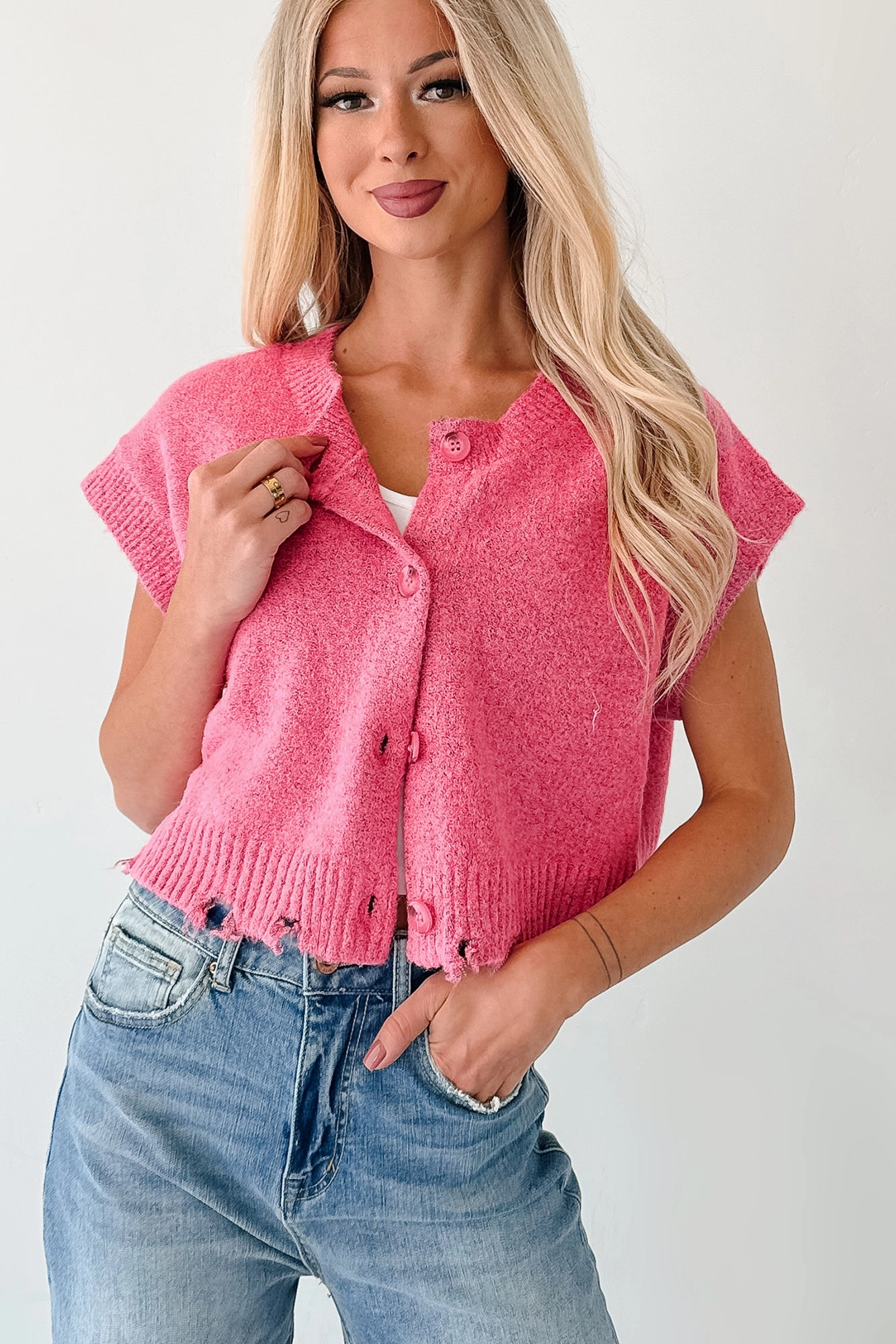 FlexibleSole Ergonomic Pattern Design Undemanding Comfort Distressed Button-Up Sweater Vest (Pink)