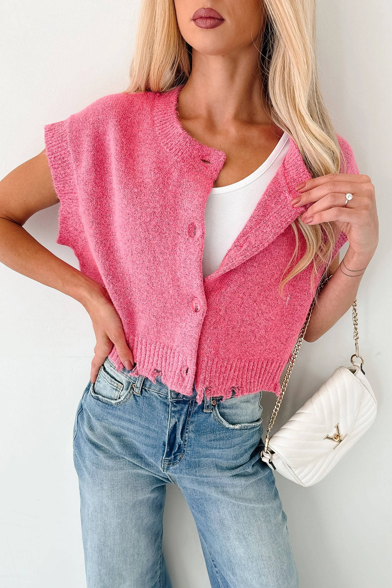 Wool Sweater Undemanding Comfort Distressed Button-Up Sweater Vest (Pink)