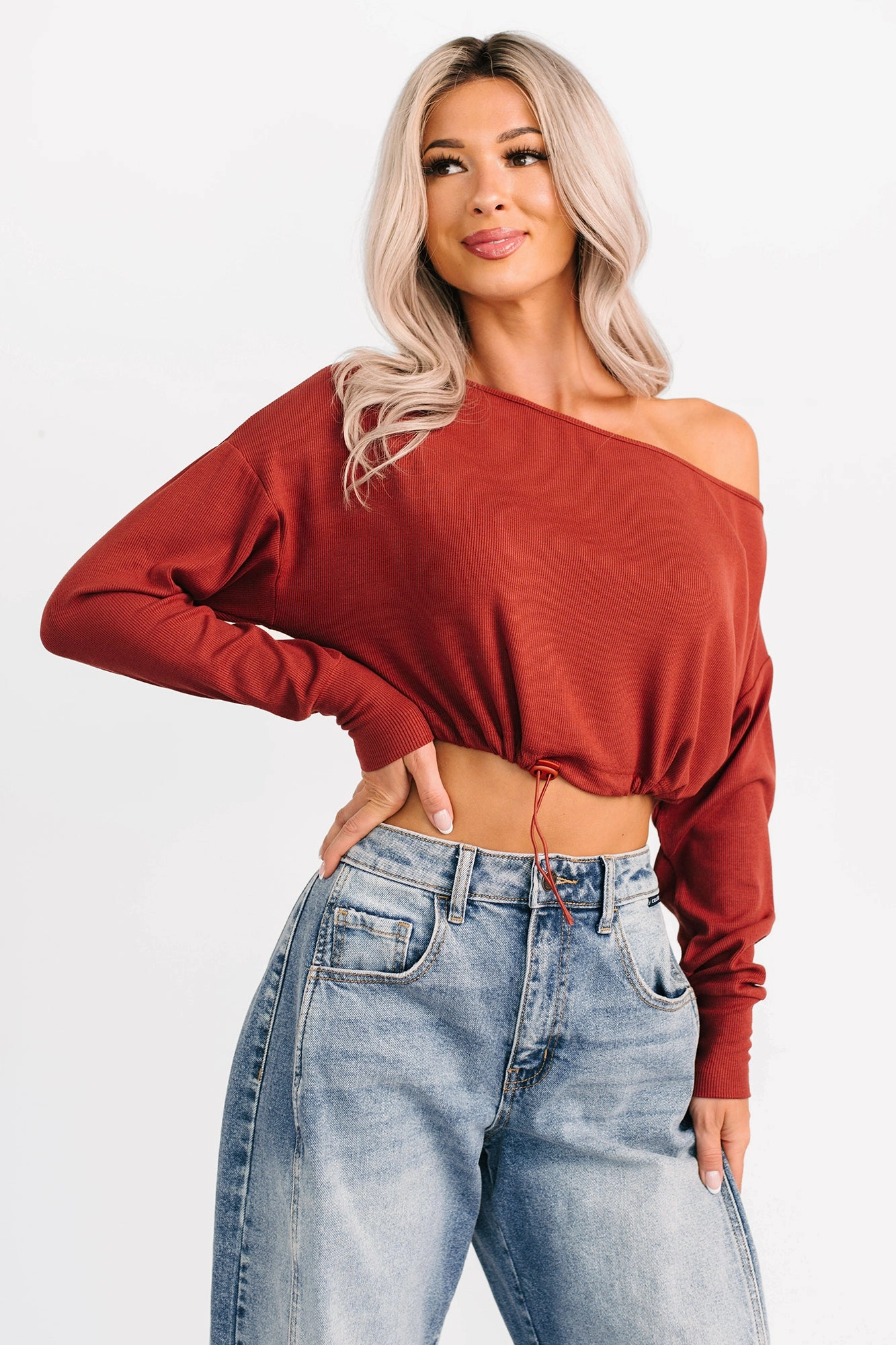 Glow Up Goals Ribbed Off The Shoulder Crop Top (Brick Red) Workout Apparel RibbedNeckline