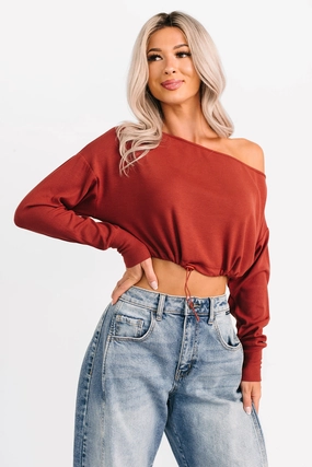 Glow Up Goals Ribbed Off The Shoulder Crop Top (Brick Red) Workout Apparel RibbedNeckline
