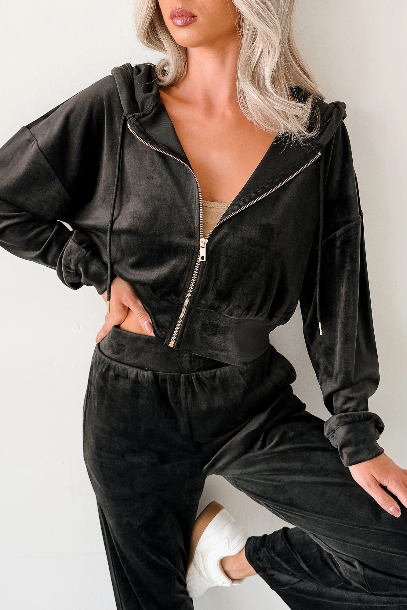 Up And Running Zenana Velvet Two Piece Set (Black) Wrinkle-Resistant Dynamic Movement Adaptive