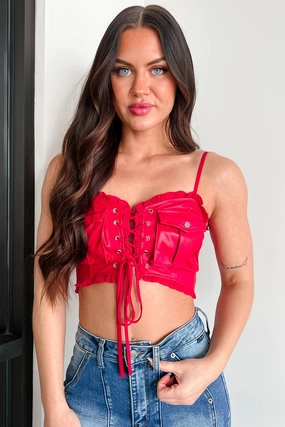 CushionedSupport ReflectiveTrimDetails Make 'Em Blush Faux Leather Crop Top (Red)