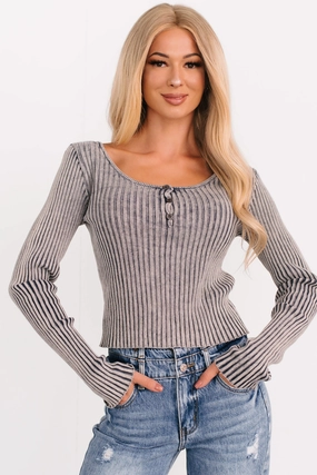 Drama Due Washed Rib Knit Henley Top (Charcoal) Non Closure Collar