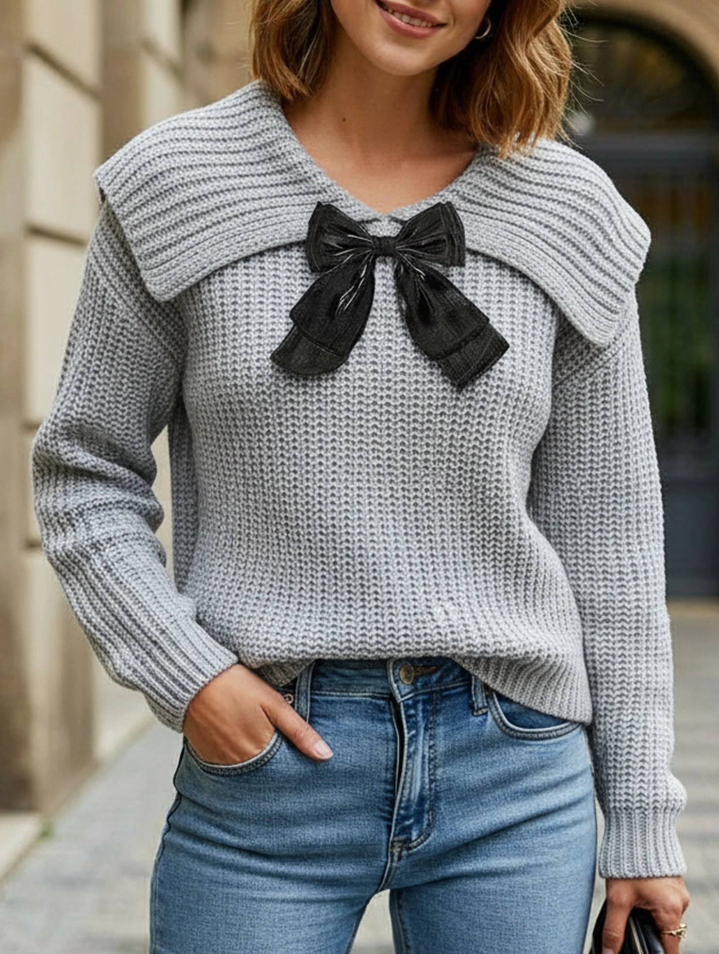 Large lapel bow-tie pullover sweater UltraSoftLining
