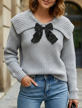 Distressed Texture Large lapel bow-tie pullover sweater