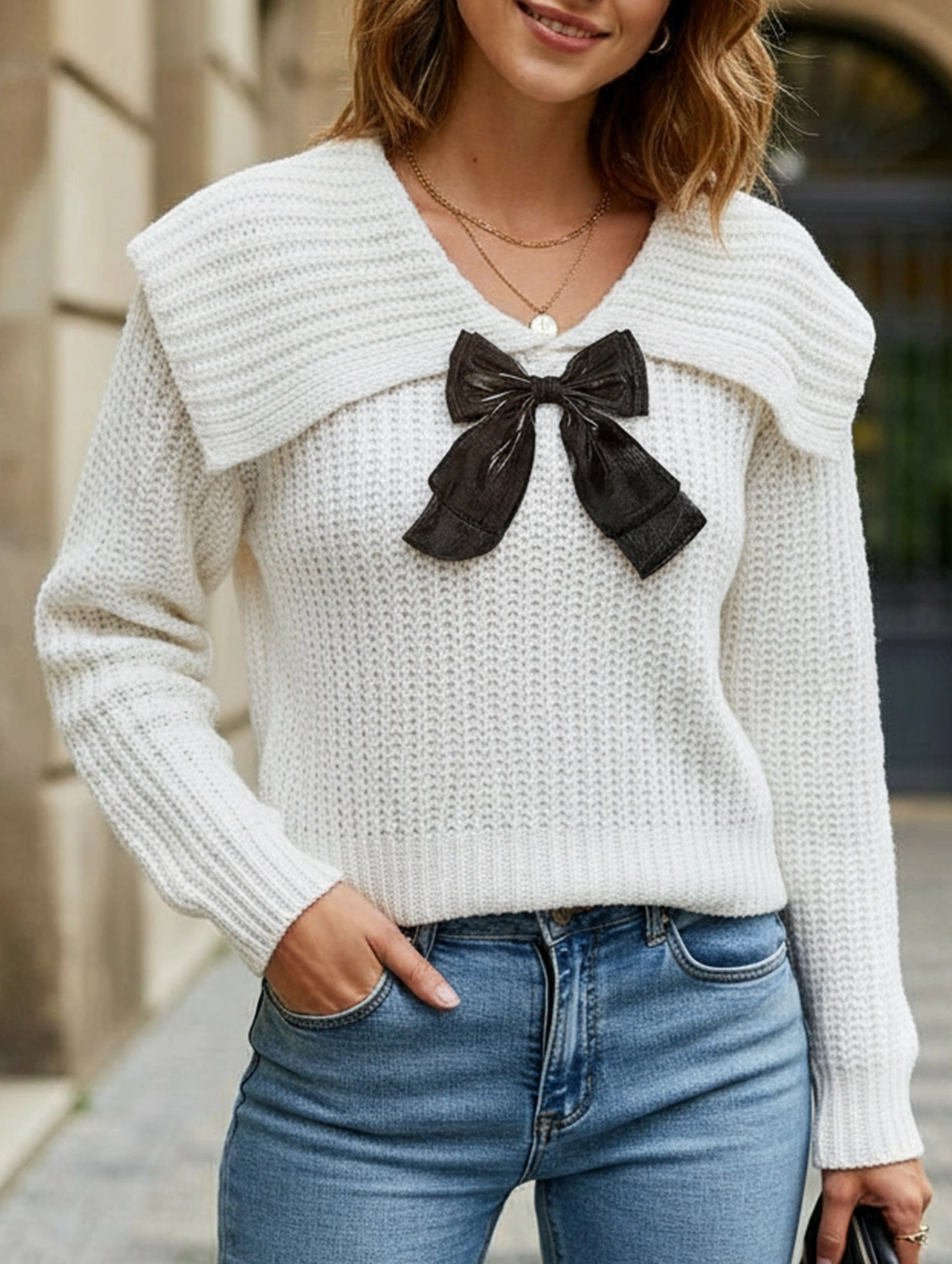 Large lapel bow-tie pullover sweater Winter Hoodie