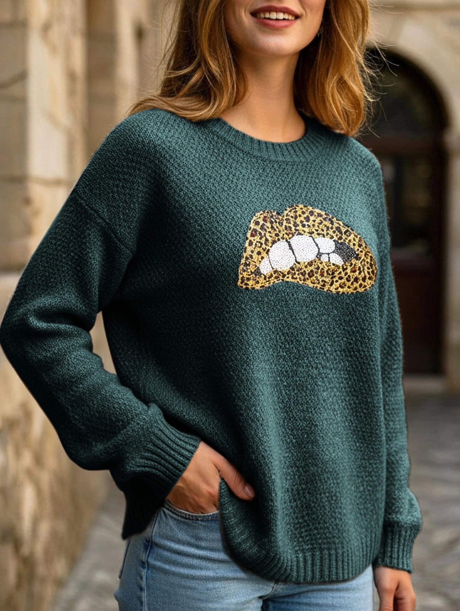 DoubleLayered leopard embroidered sequined sweater