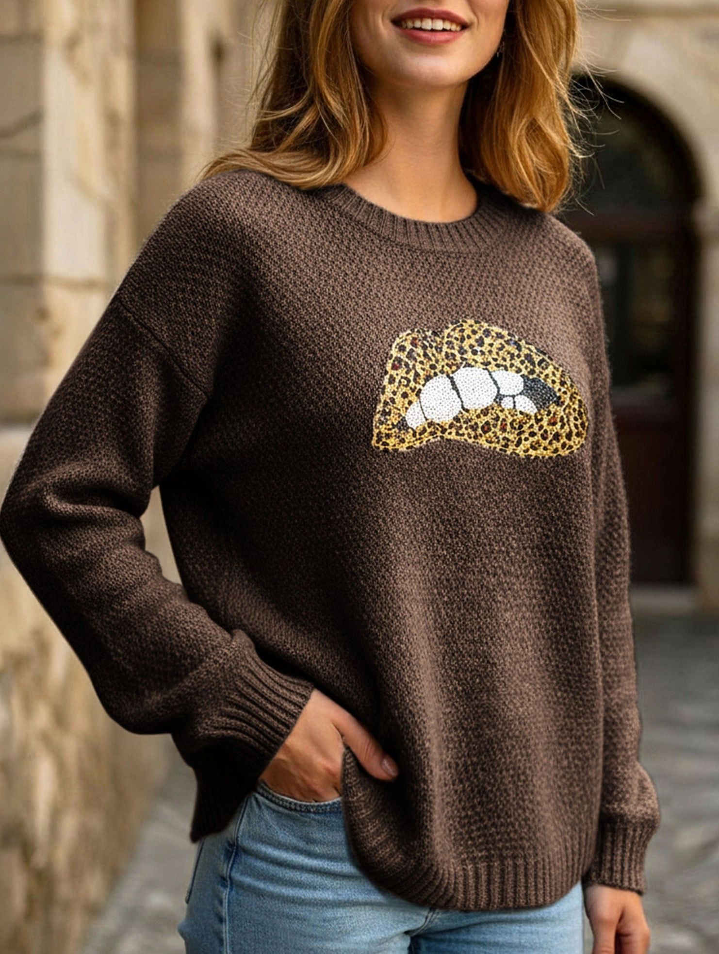 leopard embroidered sequined sweater Moisture Management Fabric HiddenVentilationPockets