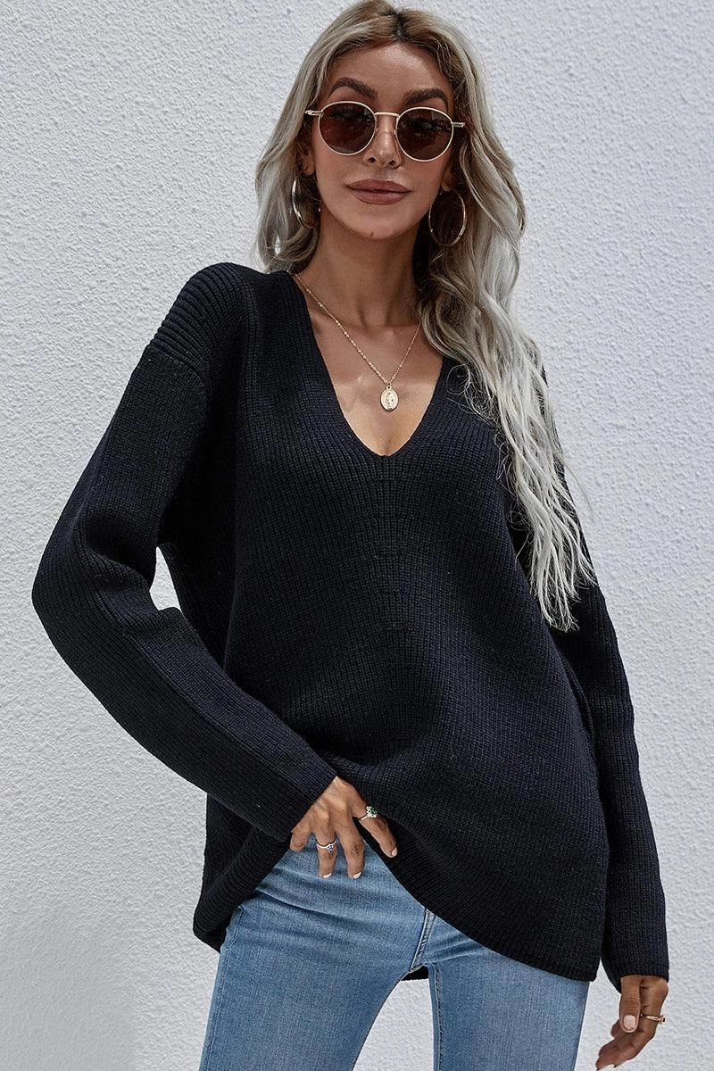 MicroPerforated Details Casual Sweater DEEP V NECK TOPS